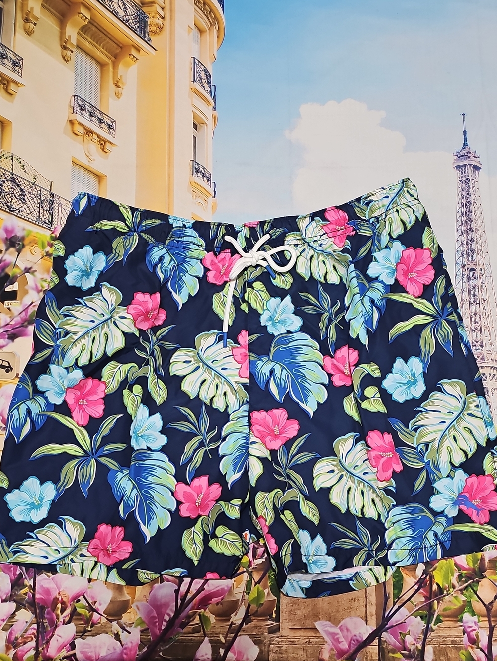 Tommy Bahama Navy Floral Drawstring Athletic Shorts Pink & Blue Flowers XL New